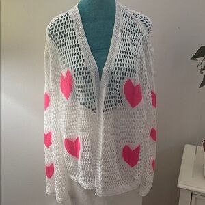 White and Pink Heart Patterned Women's Sweater
